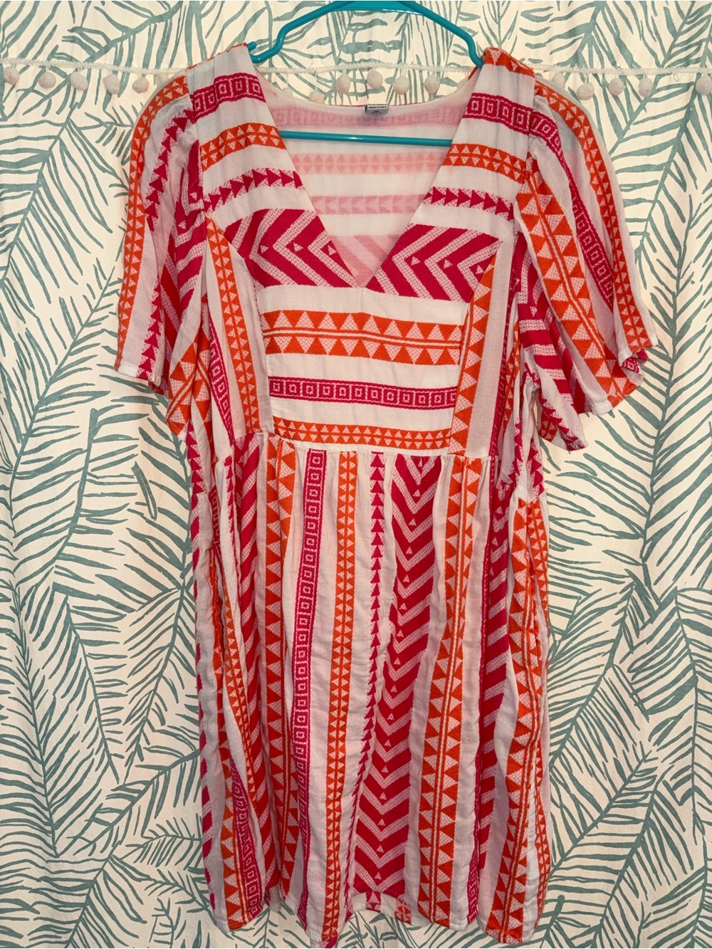 Old Navy Pink and Orange V-Neck Patterned Mini Dress